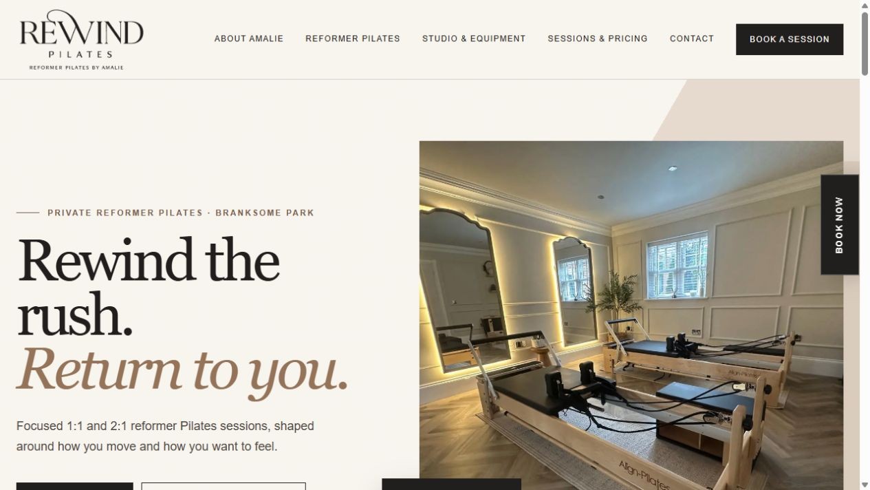 Rewind Pilates live website homepage